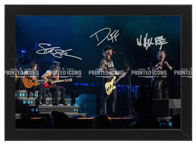 Signed (printed photo) of Guns N Roses. Printed signatures of Slash, Axl Rose and Duff McKagan. A printed autograph taken from a genuine, certified (certificate of authenticity) autograph. A stunning signature. The print is available in a range of sizes with various framing options available. 