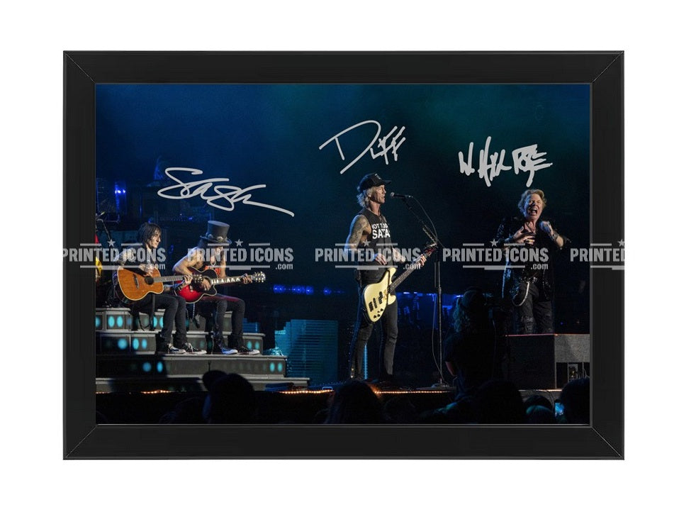 Framed Guns N' Roses signed photo print with Slash and Axl Rose autographs