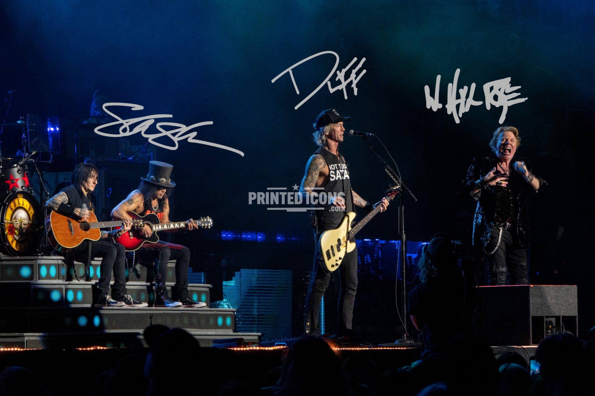 Signed (printed photo) of Guns N Roses. Printed signatures of Slash, Axl Rose and Duff McKagan. A printed autograph taken from a genuine, certified (certificate of authenticity) autograph. A stunning signature. The print is available in a range of sizes with various framing options available. 