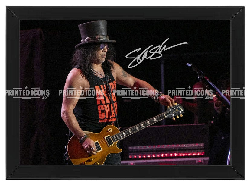 Signed (printed photo) of Guns N Roses. Printed signatures of Slash. A printed autograph taken from a genuine, certified (certificate of authenticity) autograph. A stunning signature. The print is available in a range of sizes with various framing options available. 