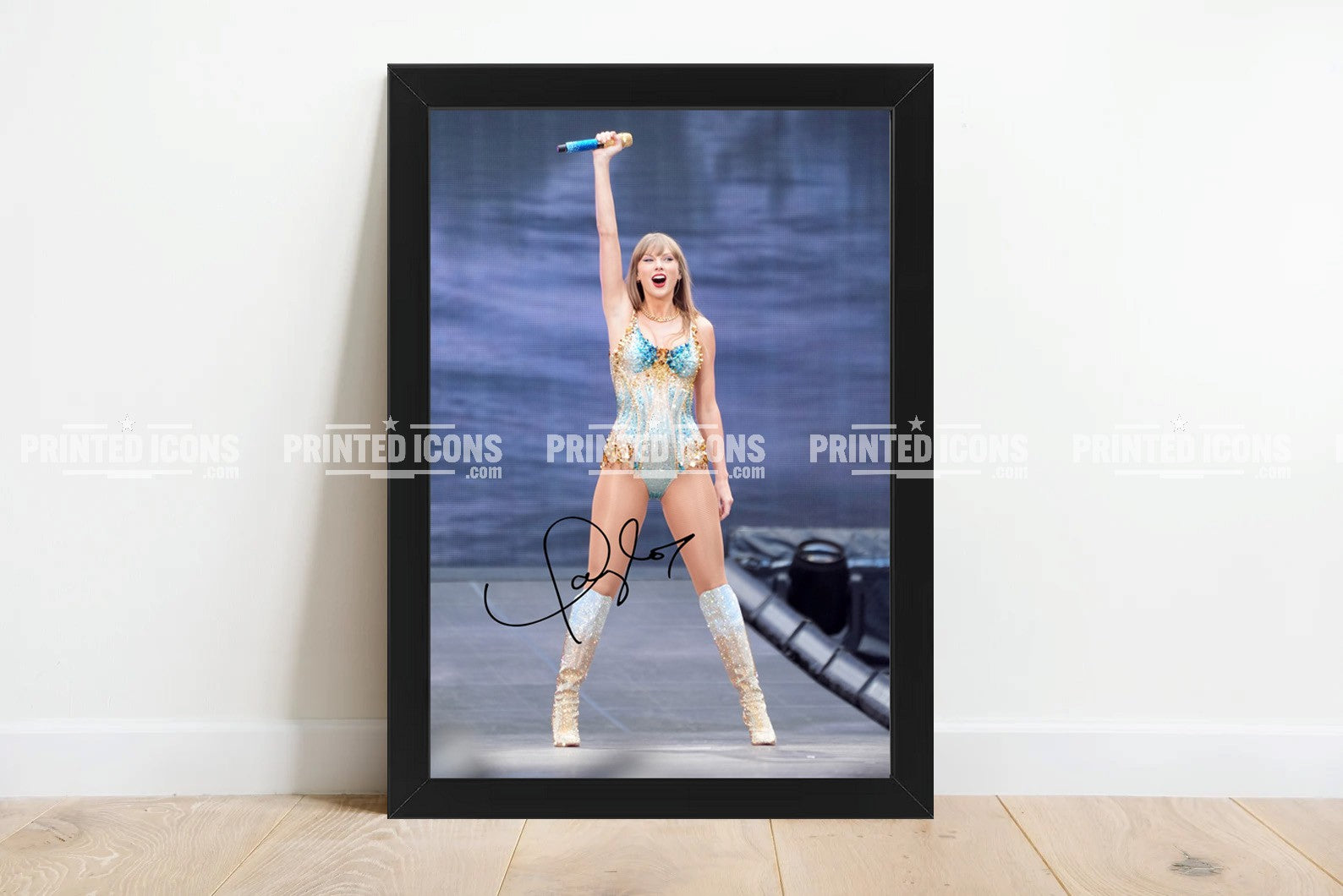 Signed (printed photo) of Taylor Swift from  her Eras Tour. A printed autograph taken from a genuine, certified (certificate of authenticity) Taylor Swift autograph. A stunning signature. The print is available in a range of sizes with various framing options available. 