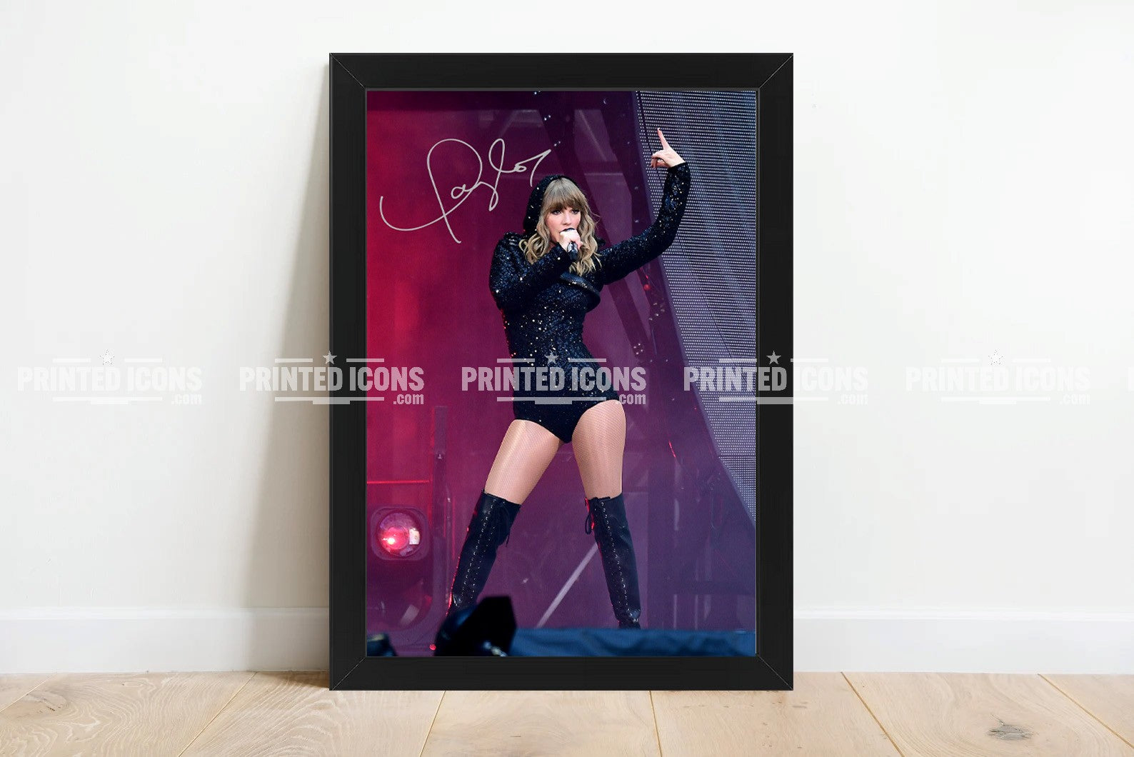 Signed (printed photo) of Taylor Swift from  her Eras Tour. A printed autograph taken from a genuine, certified (certificate of authenticity) Taylor Swift autograph. A stunning signature. The print is available in a range of sizes with various framing options available. 