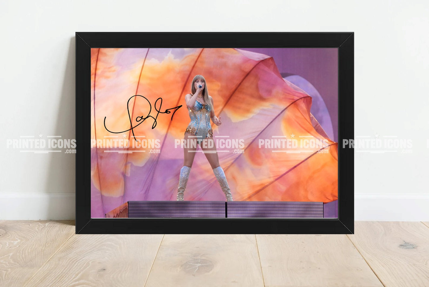 Signed (printed photo) of Taylor Swift from  her Eras Tour. A printed autograph taken from a genuine, certified (certificate of authenticity) Taylor Swift autograph. A stunning signature. The print is available in a range of sizes with various framing options available. 