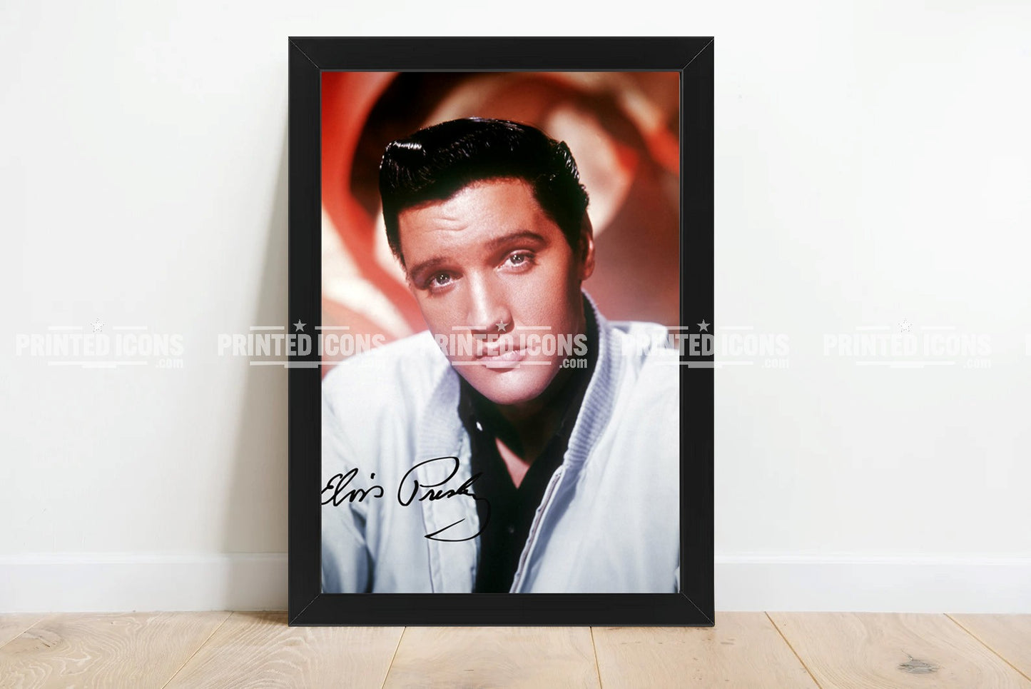 Signed (printed photo) of Elvis Presley, the King of Rock n' Roll. A printed autograph taken from a genuine, certified (certificate of authenticity) Elvis Presley autograph. A stunning signature. The print is available in a range of sizes with various framing options available. 
