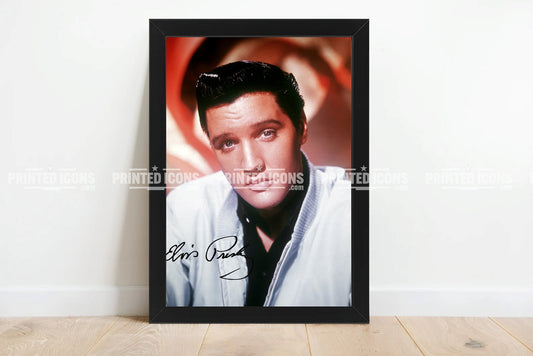 Signed (printed photo) of Elvis Presley, the King of Rock n' Roll. A printed autograph taken from a genuine, certified (certificate of authenticity) Elvis Presley autograph. A stunning signature. The print is available in a range of sizes with various framing options available. 