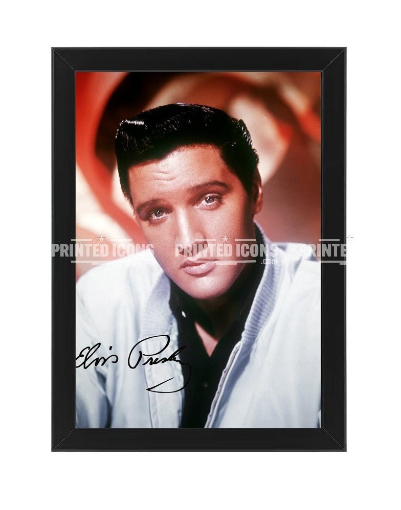 Framed Elvis Presley signed printed autograph photo. Framed in a black frame.