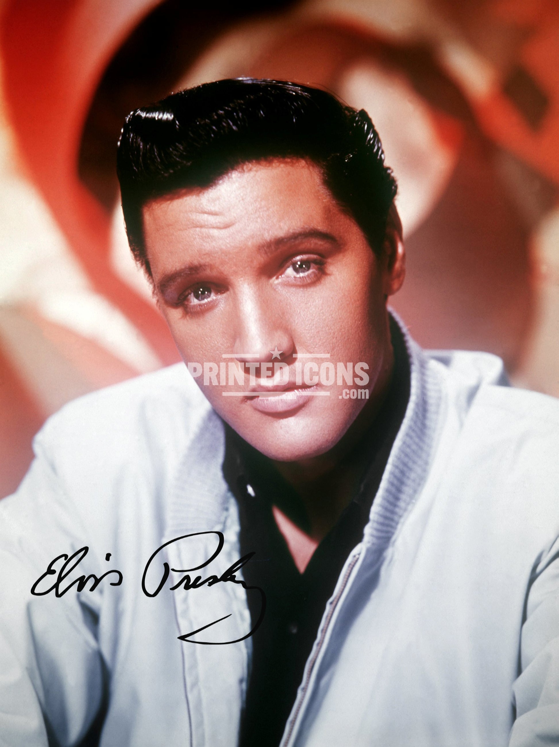 Signed (printed photo) of Elvis Presley, the King of Rock n' Roll. A printed autograph taken from a genuine, certified (certificate of authenticity) Elvis Presley autograph. A stunning signature. The print is available in a range of sizes with various framing options available. 