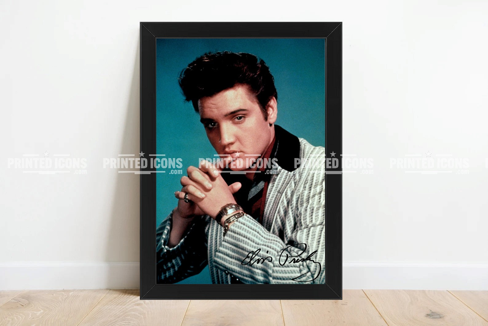 Signed (printed photo) of Elvis Presley, the King of Rock n' Roll. A printed autograph taken from a genuine, certified (certificate of authenticity) Elvis Presley autograph. A stunning signature. The print is available in a range of sizes with various framing options available. 