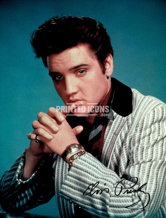 Signed (printed photo) of Elvis Presley, the King of Rock n' Roll. A printed autograph taken from a genuine, certified (certificate of authenticity) Elvis Presley autograph. A stunning signature. The print is available in a range of sizes with various framing options available. 