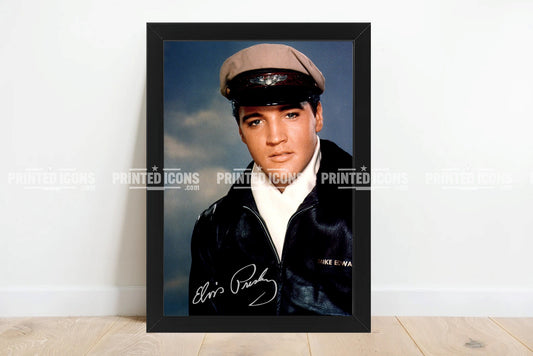Signed (printed photo) of Elvis Presley, the King of Rock n' Roll. A printed autograph taken from a genuine, certified (certificate of authenticity) Elvis Presley autograph. A stunning signature. The print is available in a range of sizes with various framing options available. 