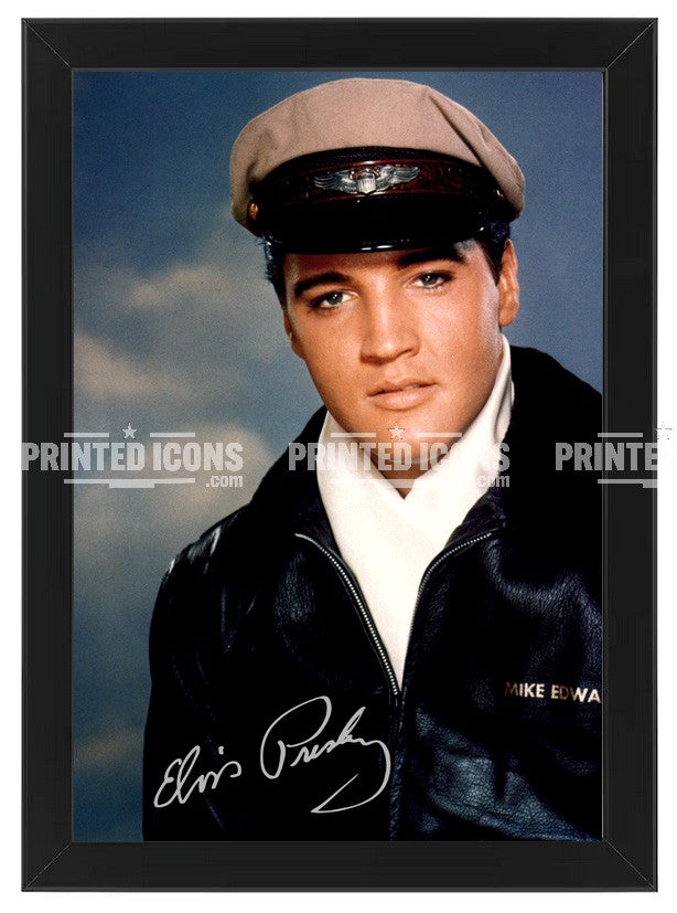 Signed (printed photo) of Elvis Presley, the King of Rock n' Roll. A printed autograph taken from a genuine, certified (certificate of authenticity) Elvis Presley autograph. A stunning signature. The print is available in a range of sizes with various framing options available. 