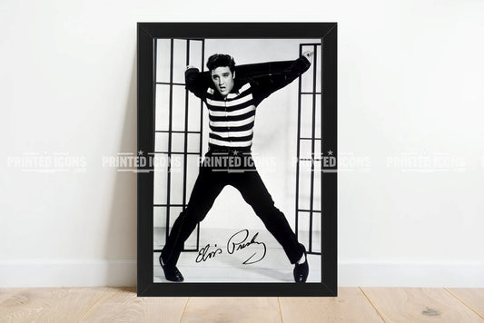 Signed (printed photo) of Elvis Presley, the King of Rock n' Roll. Taken from the film Jailhouse Rock. A printed autograph taken from a genuine, certified (certificate of authenticity) Elvis Presley autograph. A stunning signature. The print is available in a range of sizes with various framing options available. 
Jailhouse Rock Print