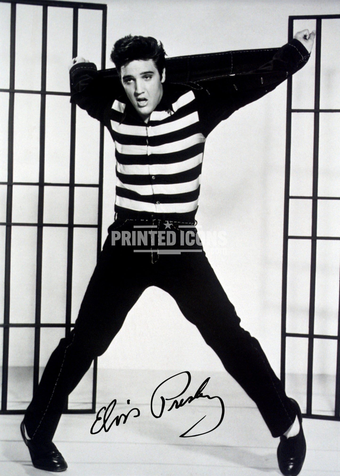 Signed (printed photo) of Elvis Presley, the King of Rock n' Roll. A printed autograph taken from a genuine, certified (certificate of authenticity) Elvis Presley autograph. A stunning signature. The print is available in a range of sizes with various framing options available. 