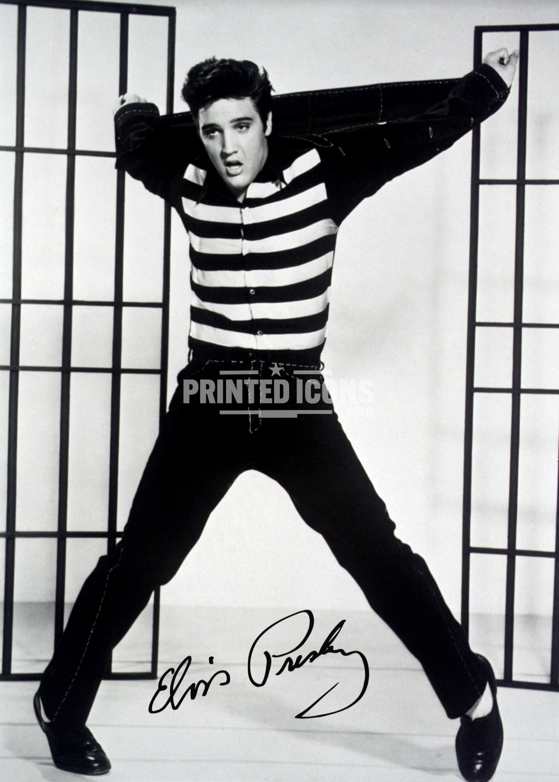 Signed (printed photo) of Elvis Presley, the King of Rock n' Roll. A printed autograph taken from a genuine, certified (certificate of authenticity) Elvis Presley autograph. A stunning signature. The print is available in a range of sizes with various framing options available. 