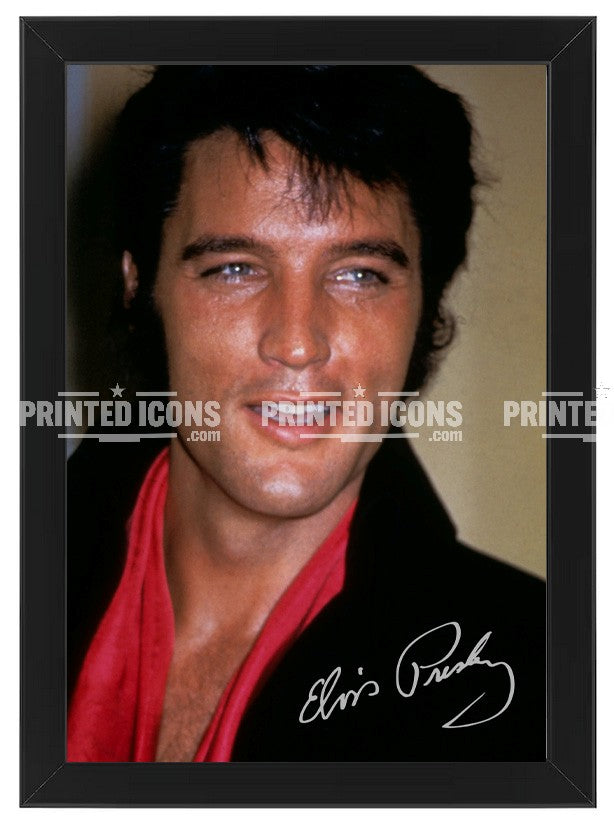 Signed (printed photo) of Elvis Presley, the King of Rock n' Roll. A printed autograph taken from a genuine, certified (certificate of authenticity) Elvis Presley autograph. A stunning signature. The print is available in a range of sizes with various framing options available. 