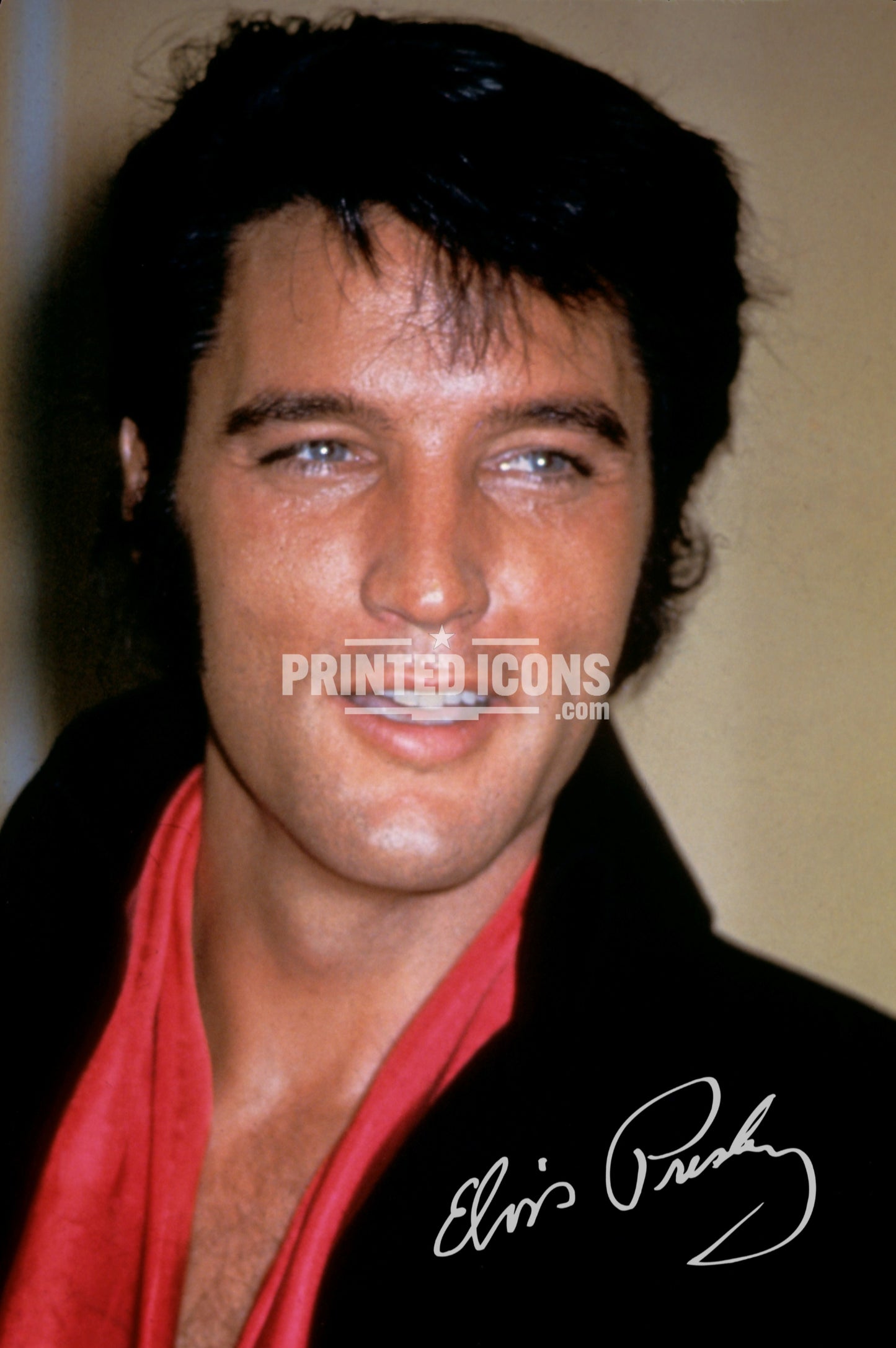 Signed (printed photo) of Elvis Presley, the King of Rock n' Roll. A printed autograph taken from a genuine, certified (certificate of authenticity) Elvis Presley autograph. A stunning signature. The print is available in a range of sizes with various framing options available. 