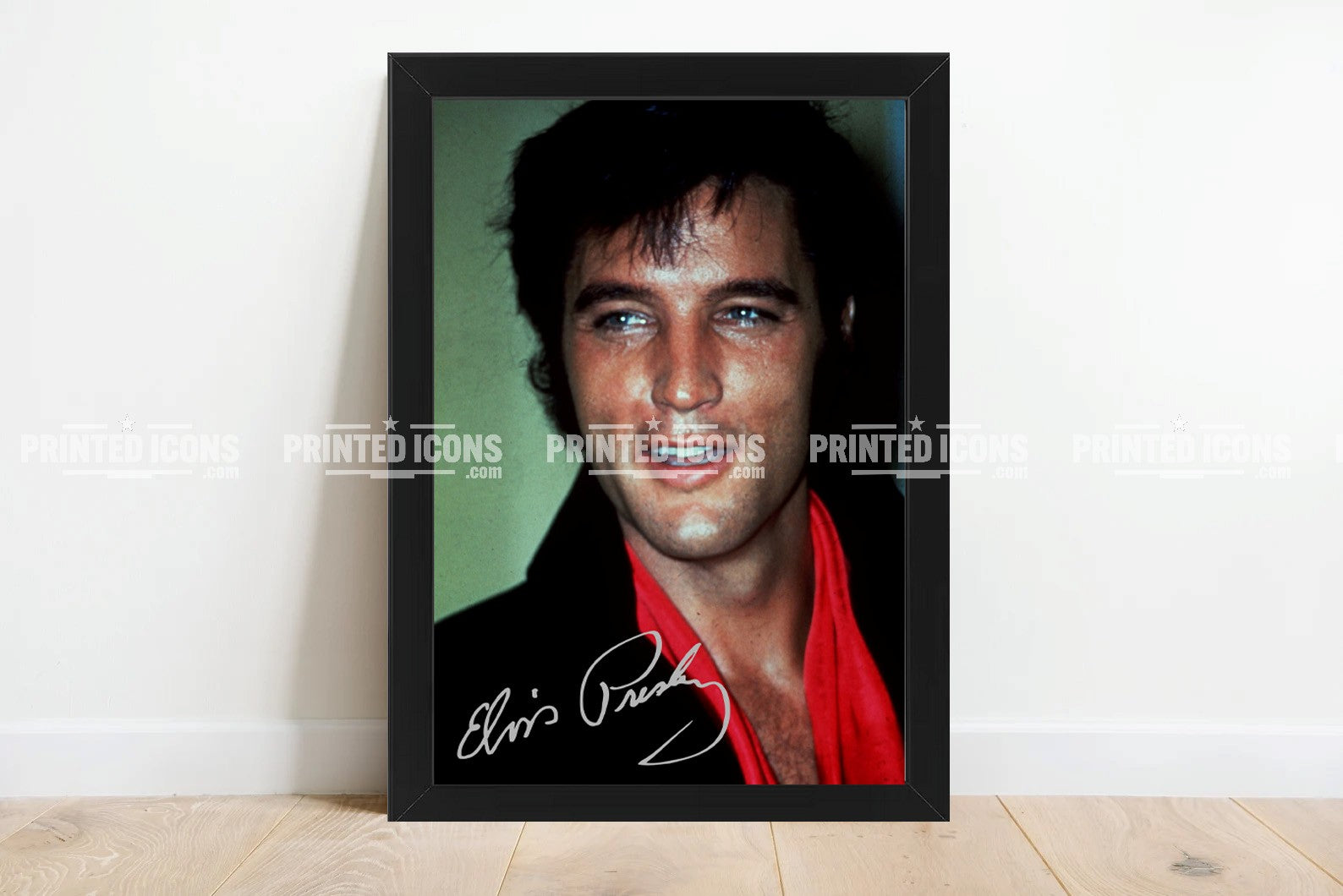 Signed (printed photo) of Elvis Presley, the King of Rock n' Roll. A printed autograph taken from a genuine, certified (certificate of authenticity) Elvis Presley autograph. A stunning signature. The print is available in a range of sizes with various framing options available. 
