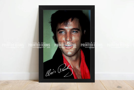 Signed (printed photo) of Elvis Presley, the King of Rock n' Roll. A printed autograph taken from a genuine, certified (certificate of authenticity) Elvis Presley autograph. A stunning signature. The print is available in a range of sizes with various framing options available. 
