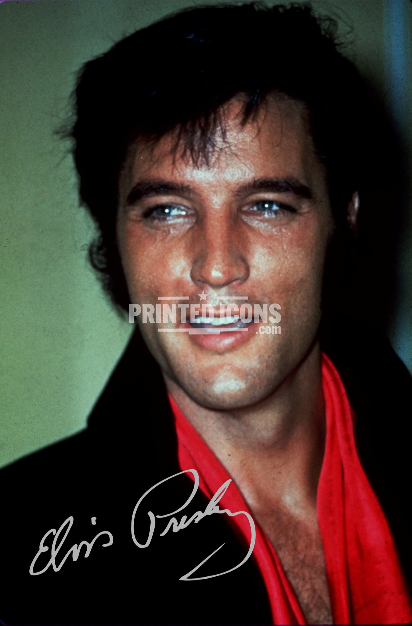 Signed (printed photo) of Elvis Presley, the King of Rock n' Roll. A printed autograph taken from a genuine, certified (certificate of authenticity) Elvis Presley autograph. A stunning signature. The print is available in a range of sizes with various framing options available. 