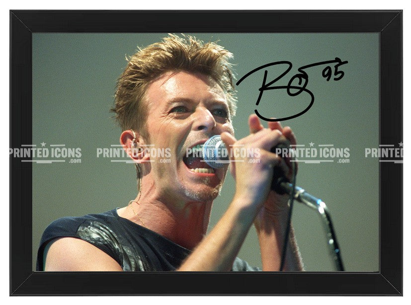Signed (printed photo) of David Bowie. A printed autograph taken from a genuine, certified (certificate of authenticity) David Bowie autograph. A stunning signature. The print is available in a range of sizes with various framing options available.
