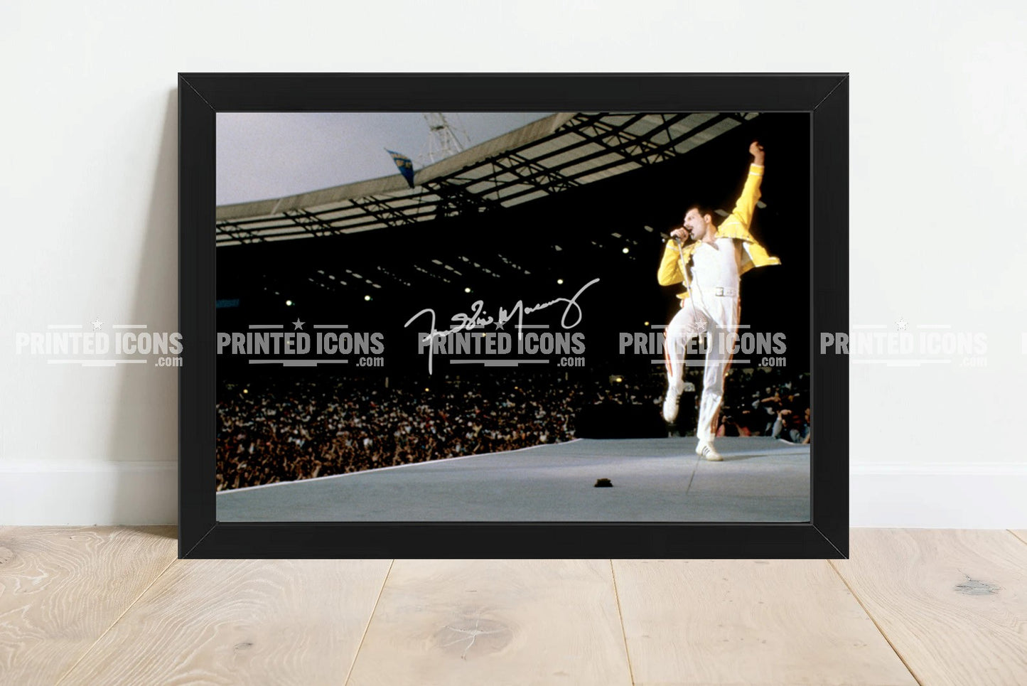 Signed (printed photo) of Freddie Mercury of Queen performing at Live Aid. A printed autograph taken from a genuine, certified (certificate of authenticity)  autograph. A stunning signature. The print is available in a range of sizes with various framing options available. A framed photo version is the perfect gift for any fan.