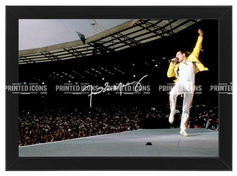 Signed (printed photo) of Freddie Mercury of Queen performing at Live Aid. A printed autograph taken from a genuine, certified (certificate of authenticity)  autograph. A stunning signature. The print is available in a range of sizes with various framing options available. A framed photo version is the perfect gift for any fan.