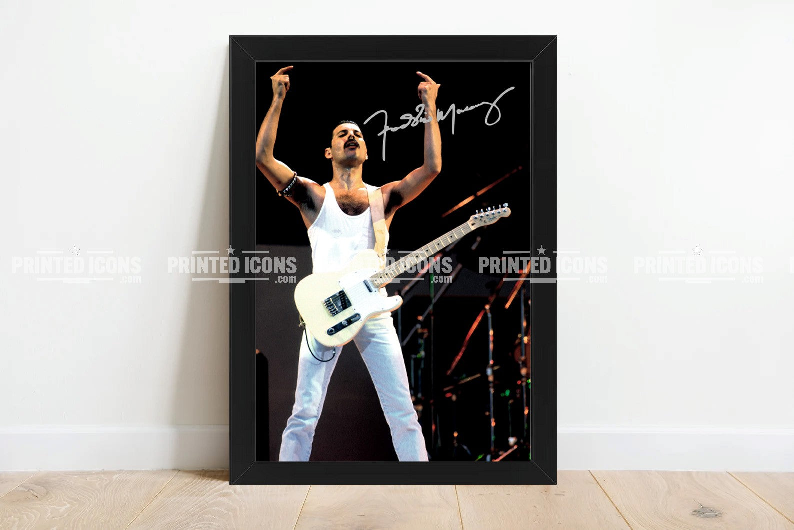Signed (printed photo) of Freddie Mercury of Queen performing at Live Aid. A printed autograph taken from a genuine, certified (certificate of authenticity)  autograph. A stunning signature. The print is available in a range of sizes with various framing options available. A framed photo version is the perfect gift for any fan.