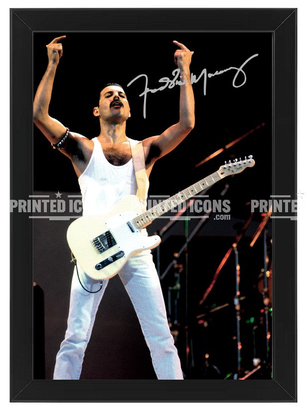 Signed (printed photo) of Freddie Mercury of Queen performing at Live Aid. A printed autograph taken from a genuine, certified (certificate of authenticity)  autograph. A stunning signature. The print is available in a range of sizes with various framing options available. A framed photo version is the perfect gift for any fan.