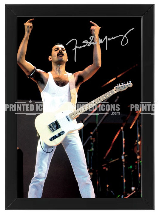 Signed (printed photo) of Freddie Mercury of Queen performing at Live Aid. A printed autograph taken from a genuine, certified (certificate of authenticity)  autograph. A stunning signature. The print is available in a range of sizes with various framing options available. A framed photo version is the perfect gift for any fan.
