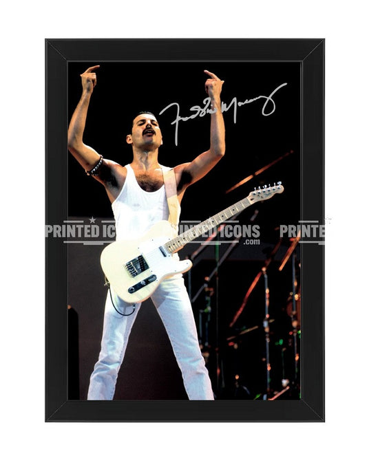 Freddie Mercury making a swearing gesture on stage with white guitar and reproduced autograph