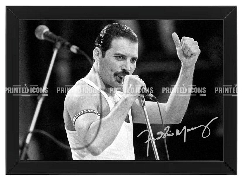 Signed (printed photo) of Freddie Mercury of Queen. A printed autograph taken from a genuine, certified (certificate of authenticity)  autograph. A stunning signature. The print is available in a range of sizes with various framing options available. A framed photo version is the perfect gift for any fan.