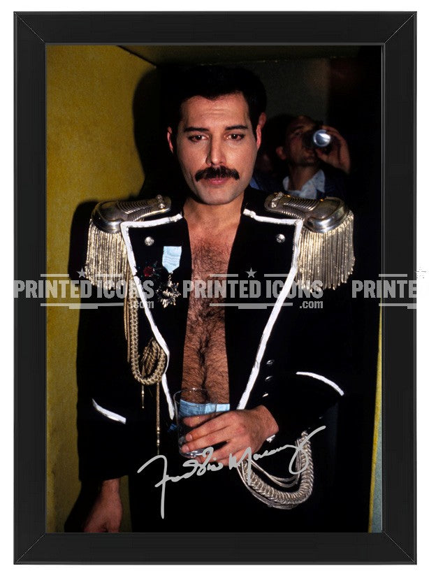 Signed (printed photo) of Freddie Mercury of Queen performing at Live Aid. A printed autograph taken from a genuine, certified (certificate of authenticity)  autograph. A stunning signature. The print is available in a range of sizes with various framing options available. A framed photo version is the perfect gift for any fan.