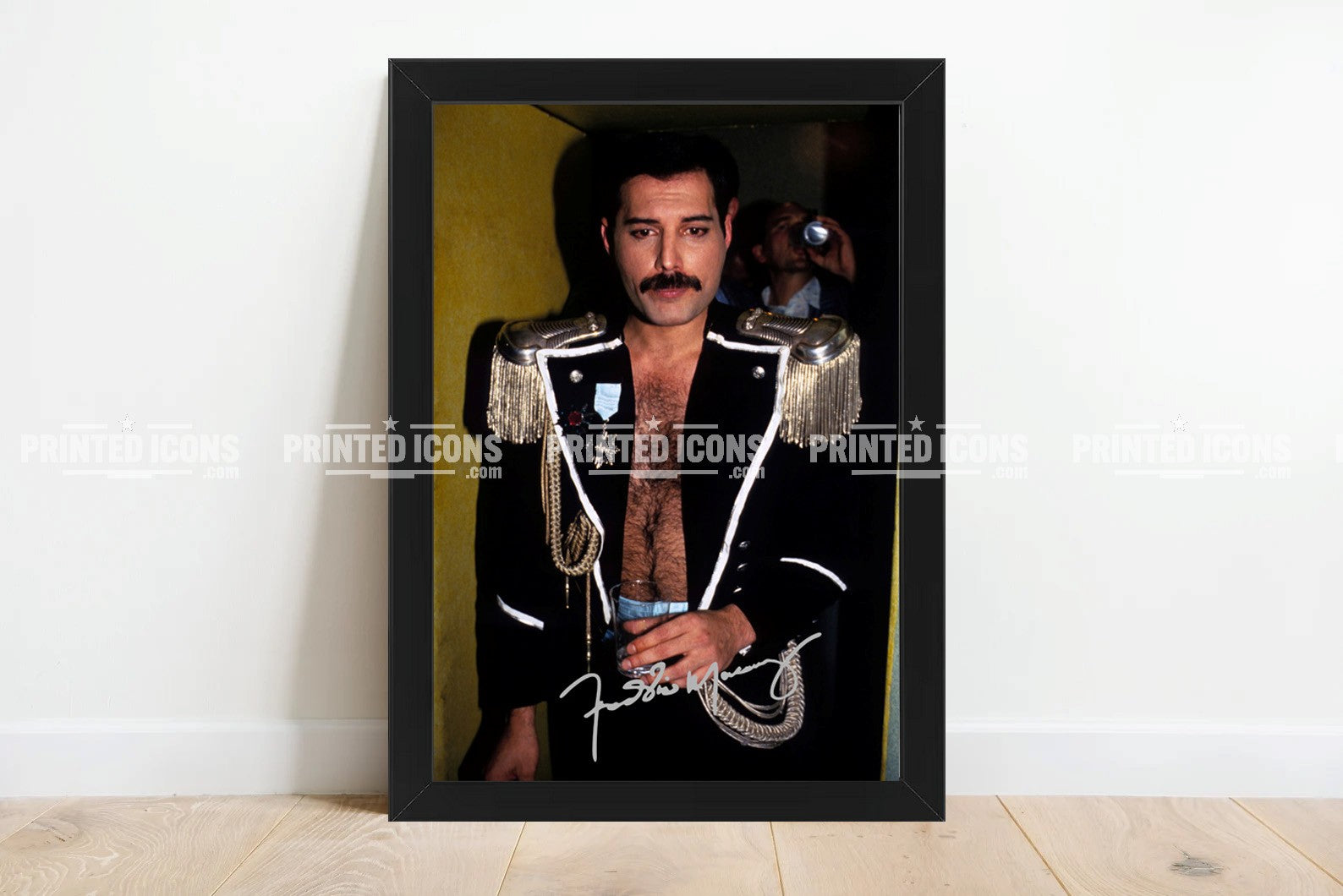 Signed (printed photo) of Freddie Mercury of Queen performing at Live Aid. A printed autograph taken from a genuine, certified (certificate of authenticity)  autograph. A stunning signature. The print is available in a range of sizes with various framing options available. A framed photo version is the perfect gift for any fan.