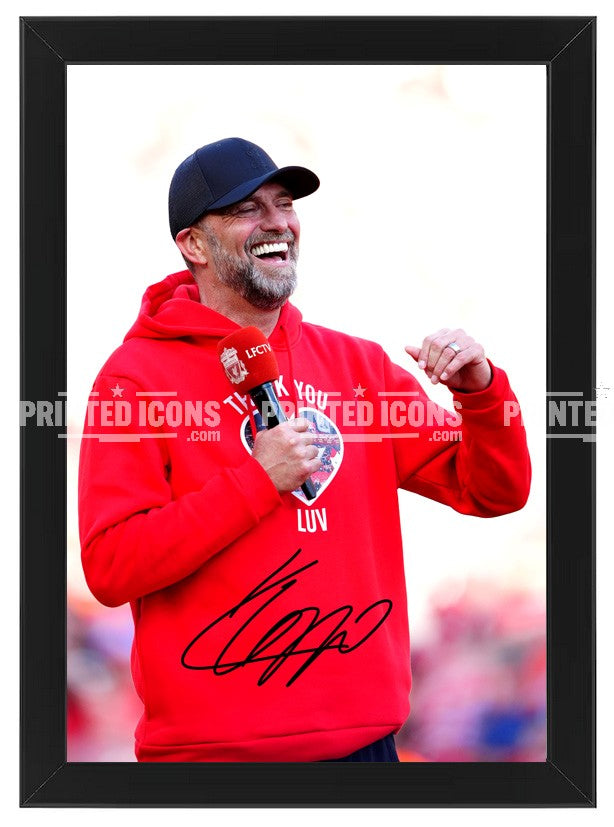 Signed (printed photo) Jurgen Klopp Liverpool. This shows Jurgen during his last game for Liverpool. A printed autograph taken from a genuine, certified (certificate of authenticity)  autograph. A stunning signature. The print is available in a range of sizes with various framing options available. A framed photo version is the perfect gift for any fan.