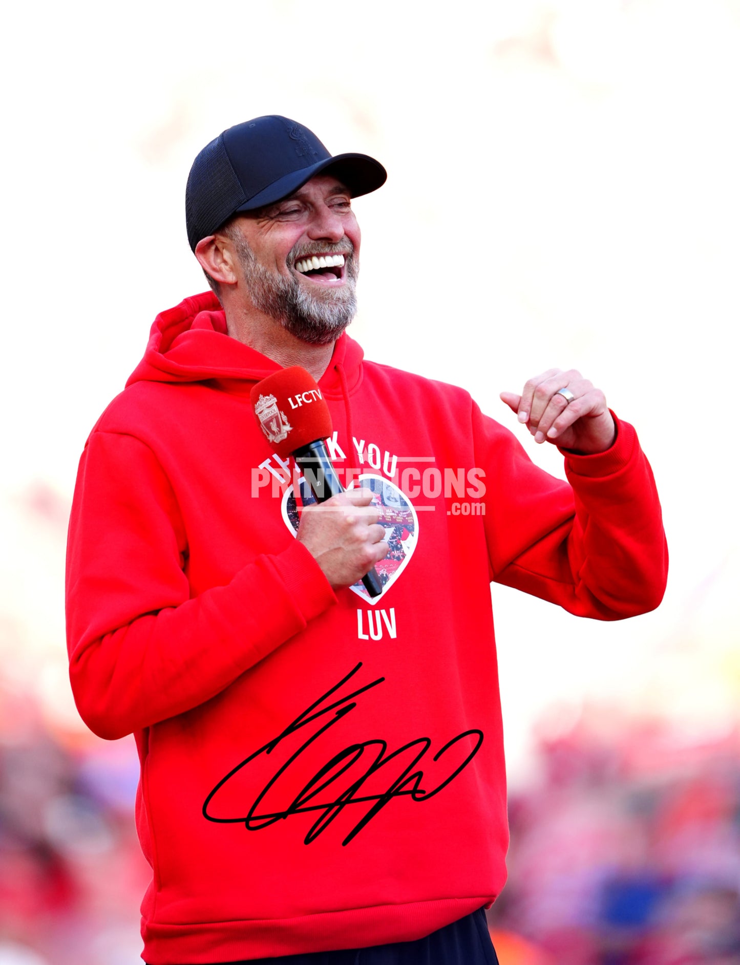 Signed (printed photo) Jurgen Klopp Liverpool. This shows Jurgen during his last game for Liverpool. A printed autograph taken from a genuine, certified (certificate of authenticity)  autograph. A stunning signature. The print is available in a range of sizes with various framing options available. A framed photo version is the perfect gift for any fan.