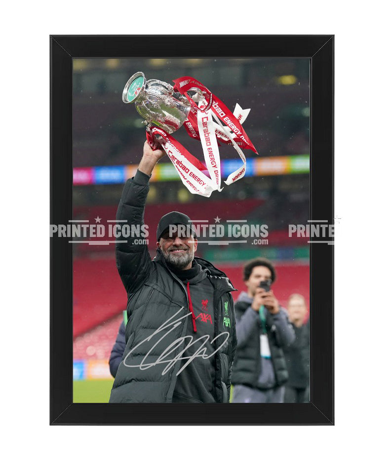 Signed (printed photo) Jurgen Klopp Liverpool. This shows Jurgen during his last game for Liverpool. A printed autograph taken from a genuine, certified (certificate of authenticity)  autograph. A stunning signature. The print is available in a range of sizes with various framing options available. A framed photo version is the perfect gift for any fan.