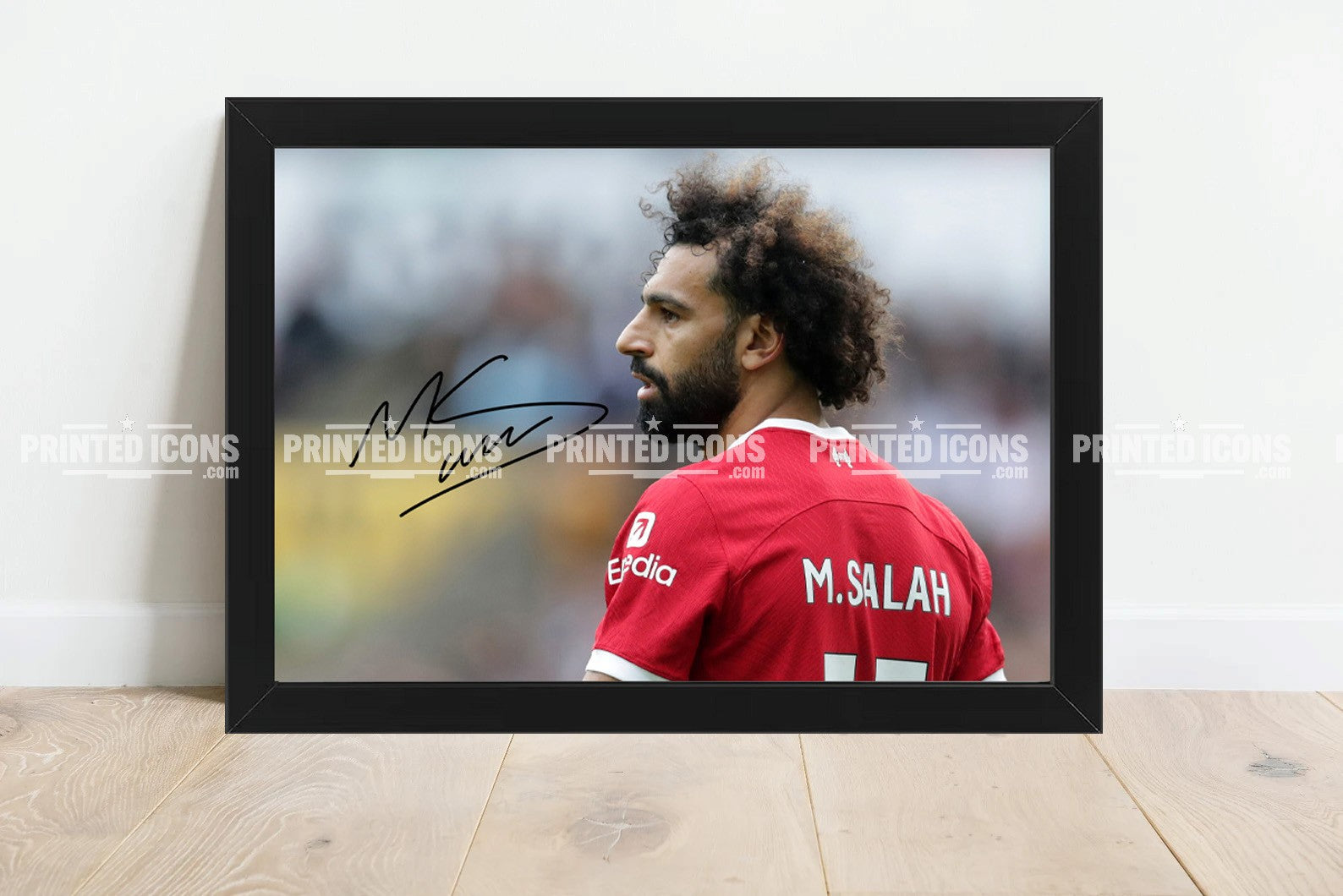 Mo Salah signed photo. A printed autograph (from a certified original) on a Liverpool photo. Framing Available. A great gift for a Liverpool fan.