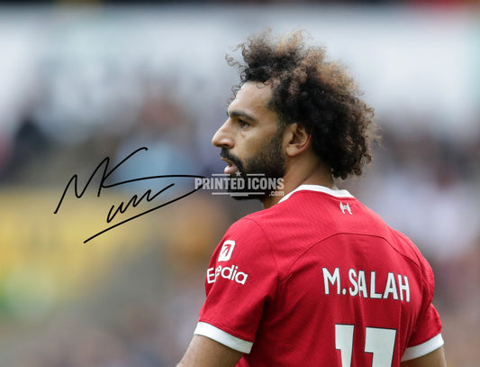 Mo Salah signed photo. A printed autograph (from a certified original) on a Liverpool photo. Framing Available. A great gift for a Liverpool fan.