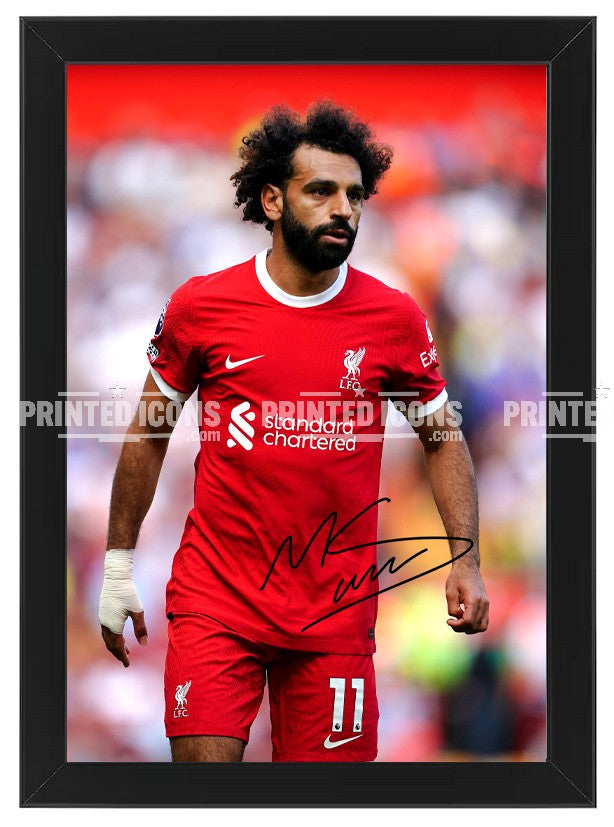 Mo Salah signed photo. A printed autograph (from a certified original) on a Liverpool photo. Framing Available. A great gift for a Liverpool fan.