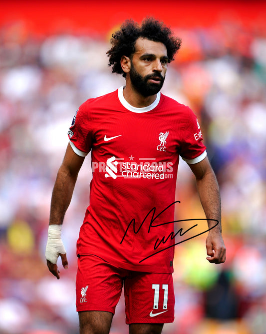 Mo Salah signed photo. A printed autograph (from a certified original) on a Liverpool photo. Framing Available. A great gift for a Liverpool fan.