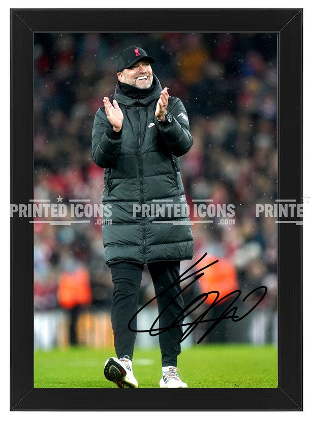 Signed (printed photo) Jurgen Klopp Liverpool. This shows Jurgen during his last game for Liverpool. A printed autograph taken from a genuine, certified (certificate of authenticity)  autograph. A stunning signature. The print is available in a range of sizes with various framing options available. A framed photo version is the perfect gift for any fan.