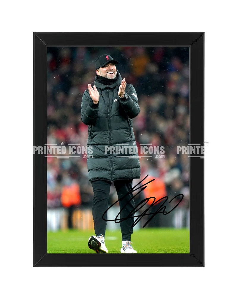 Signed (printed photo) Jurgen Klopp Liverpool. This shows Jurgen during his last game for Liverpool. A printed autograph taken from a genuine, certified (certificate of authenticity)  autograph. A stunning signature. The print is available in a range of sizes with various framing options available. A framed photo version is the perfect gift for any fan.
