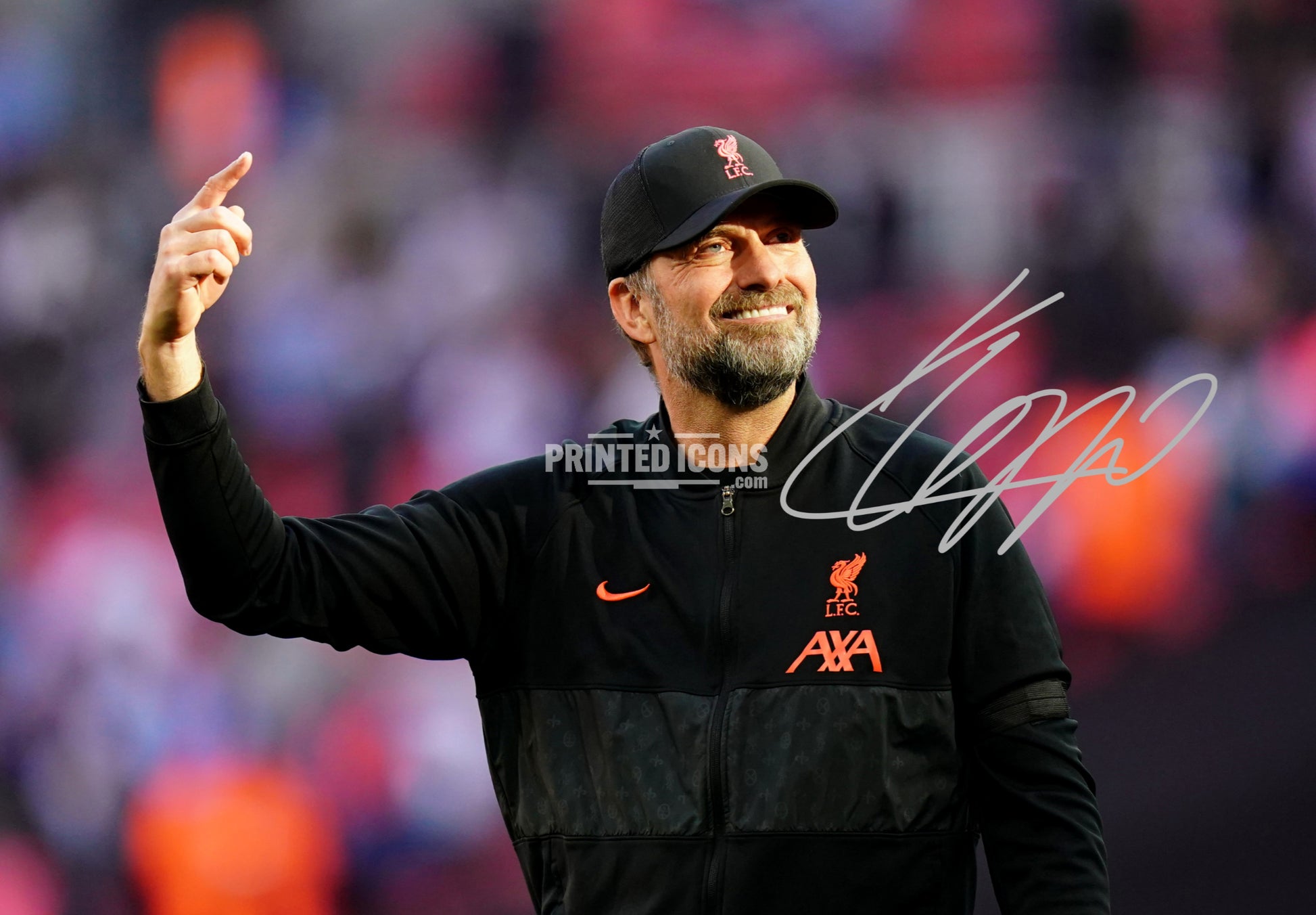 Signed (printed photo) Jurgen Klopp Liverpool. This shows Jurgen during his last game for Liverpool. A printed autograph taken from a genuine, certified (certificate of authenticity)  autograph. A stunning signature. The print is available in a range of sizes with various framing options available. A framed photo version is the perfect gift for any fan.