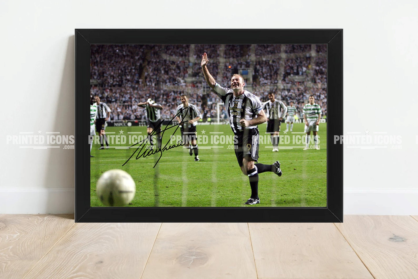 Signed (printed photo) by Alan Shearer of Newcastle United. This shows Alan Shearer playing for Newcastle. A printed autograph taken from a genuine, certified (certificate of authenticity)  autograph. A stunning signature. The print is available in a range of sizes with various framing options available. A framed photo version is the perfect gift for any fan.