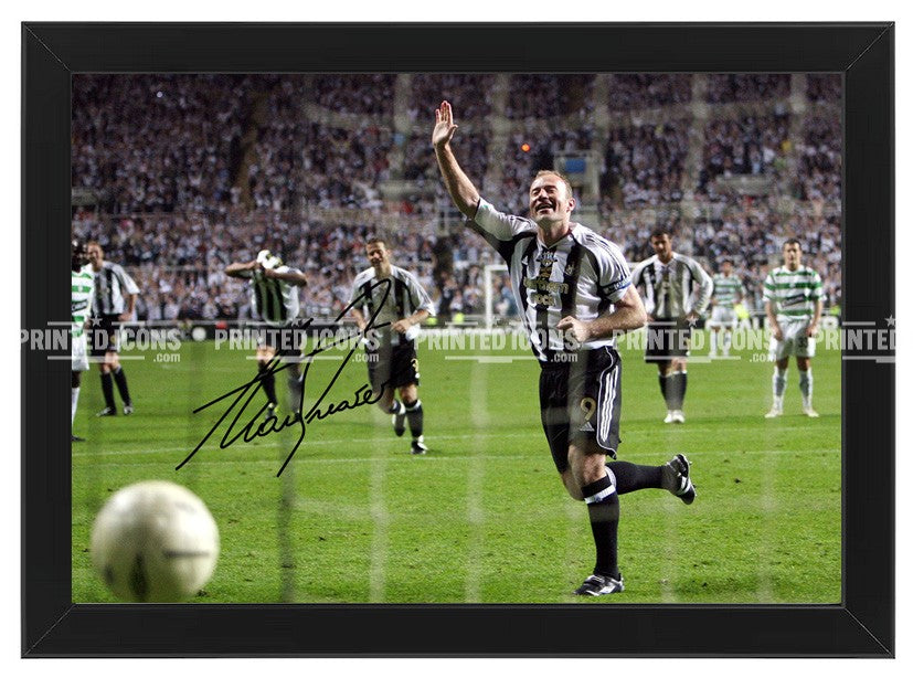 Signed (printed photo) by Alan Shearer of Newcastle United. This shows Alan Shearer playing for Newcastle. A printed autograph taken from a genuine, certified (certificate of authenticity)  autograph. A stunning signature. The print is available in a range of sizes with various framing options available. A framed photo version is the perfect gift for any fan.