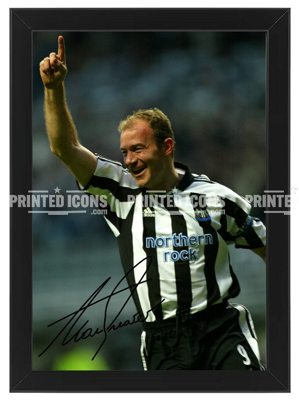 Alan Shearer signed Newcastle United photo. A printed autograph (from a certified original) on a Newcastle United photo. Framing Available. A great gift for a Newcastle United fan.