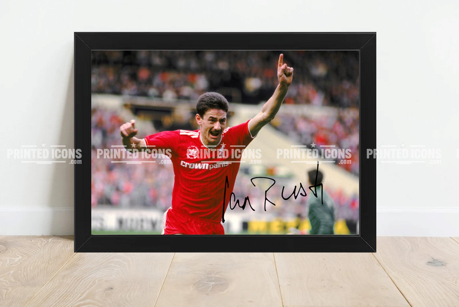 Signed (printed photo) of Ian Rush playing for Liverpool.  A printed autograph taken from a genuine, certified (certificate of authenticity)  autograph. A stunning signature. The print is available in a range of sizes with various framing options available. A framed photo version is the perfect gift for any fan.