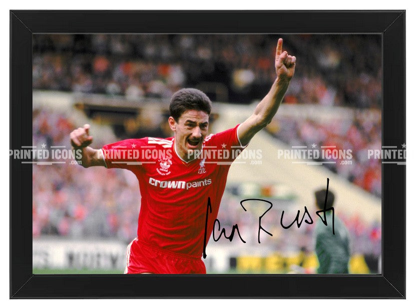 Signed (printed photo) of Ian Rush playing for Liverpool.  A printed autograph taken from a genuine, certified (certificate of authenticity)  autograph. A stunning signature. The print is available in a range of sizes with various framing options available. A framed photo version is the perfect gift for any fan.