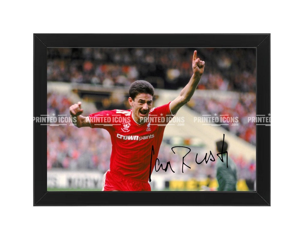 Signed (printed photo) of Ian Rush playing for Liverpool.  A printed autograph taken from a genuine, certified (certificate of authenticity)  autograph. A stunning signature. The print is available in a range of sizes with various framing options available. A framed photo version is the perfect gift for any fan.