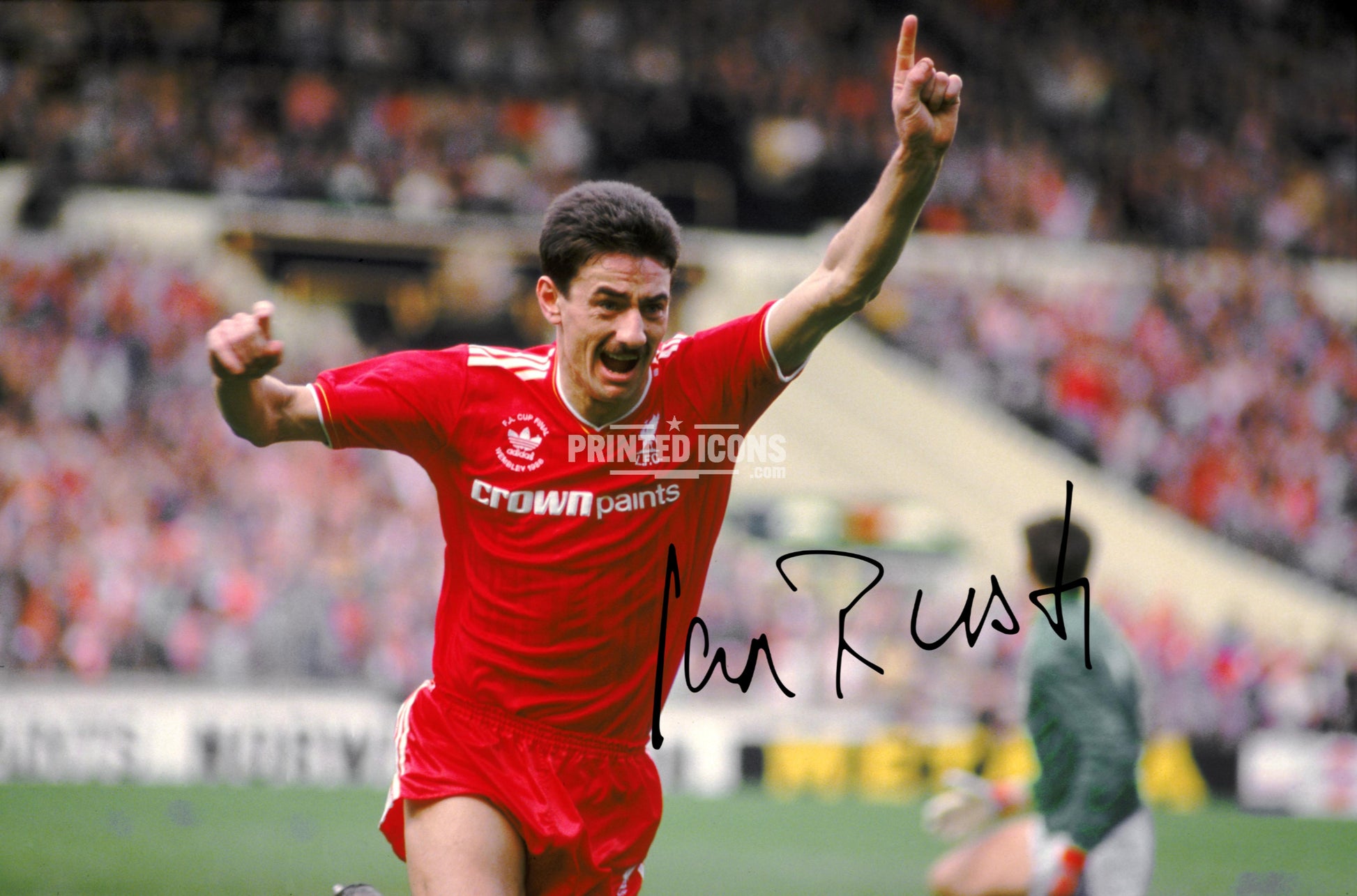 Signed (printed photo) of Ian Rush playing for Liverpool.  A printed autograph taken from a genuine, certified (certificate of authenticity)  autograph. A stunning signature. The print is available in a range of sizes with various framing options available. A framed photo version is the perfect gift for any fan.